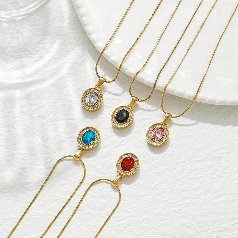 Oval Pendant Necklace For Women In 304 Stainless Steel With 18K Real Gold Plated Finish And Zircon Inlay On Snake Chain