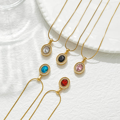Oval Pendant Necklace For Women In 304 Stainless Steel With 18K Real Gold Plated Finish And Zircon Inlay On Snake Chain