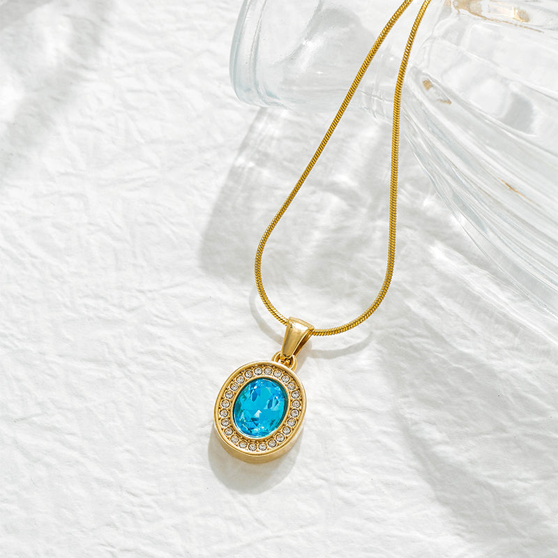 Oval Pendant Necklace For Women In 304 Stainless Steel With 18K Real Gold Plated Finish And Zircon Inlay On Snake Chain