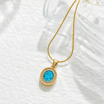 Oval Pendant Necklace For Women In 304 Stainless Steel With 18K Real Gold Plated Finish And Zircon Inlay On Snake Chain