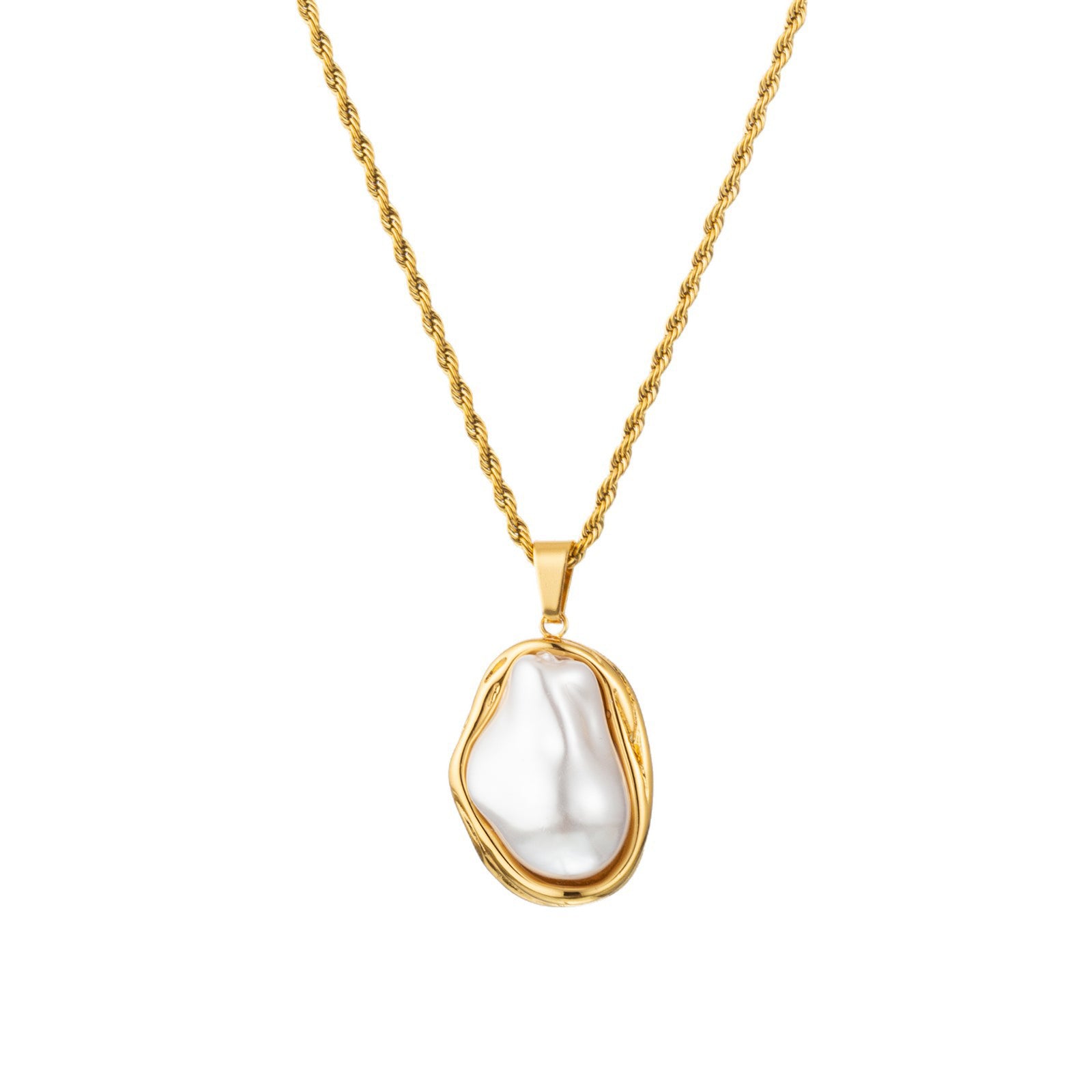 For Adults Irregular Pendant Necklace In 304 Stainless Steel With 18K Real Gold Plated And Imitation Pearl On Twisted Rope Chain
