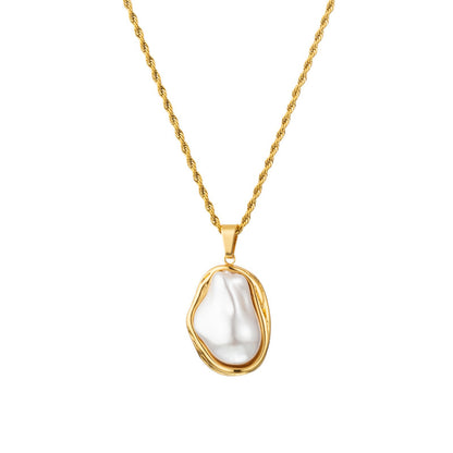 For Adults Irregular Pendant Necklace In 304 Stainless Steel With 18K Real Gold Plated And Imitation Pearl On Twisted Rope Chain