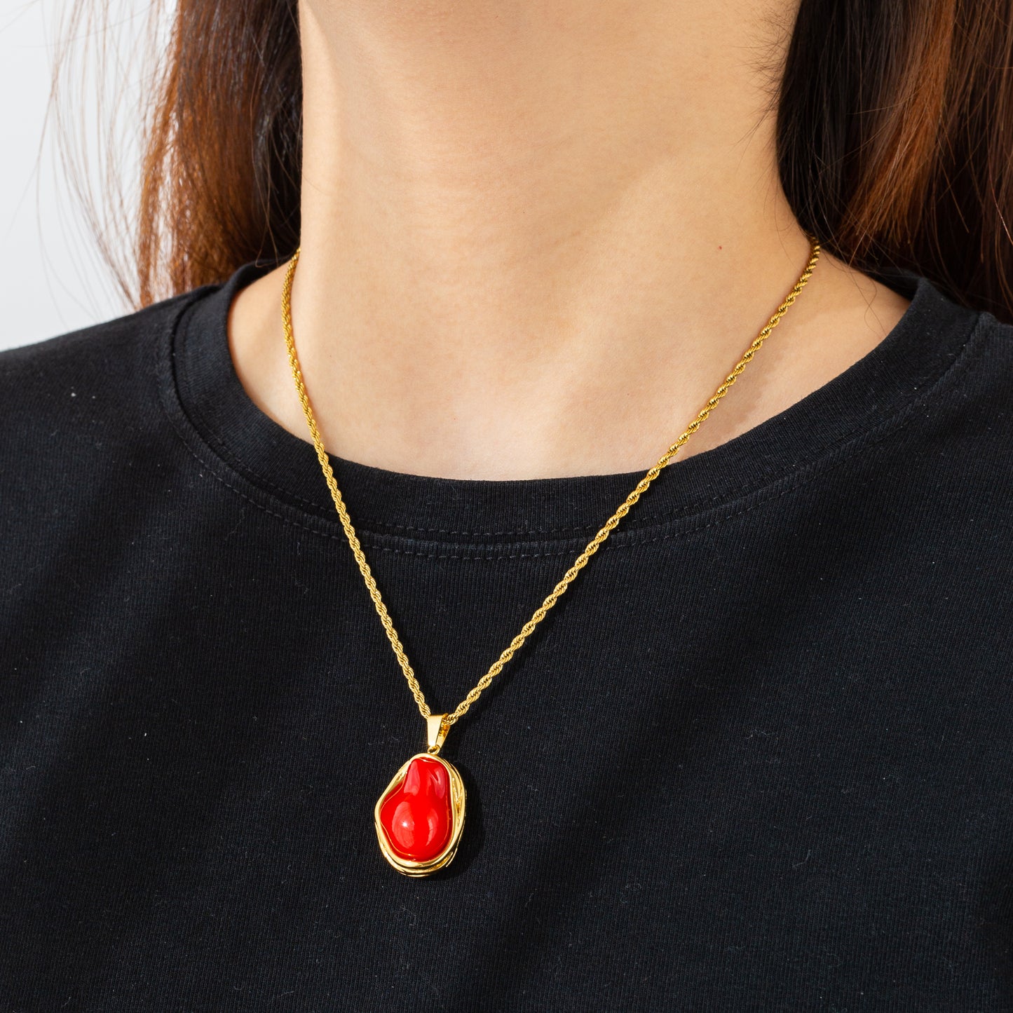 For Adults Irregular Pendant Necklace In 304 Stainless Steel With 18K Real Gold Plated And Imitation Pearl On Twisted Rope Chain