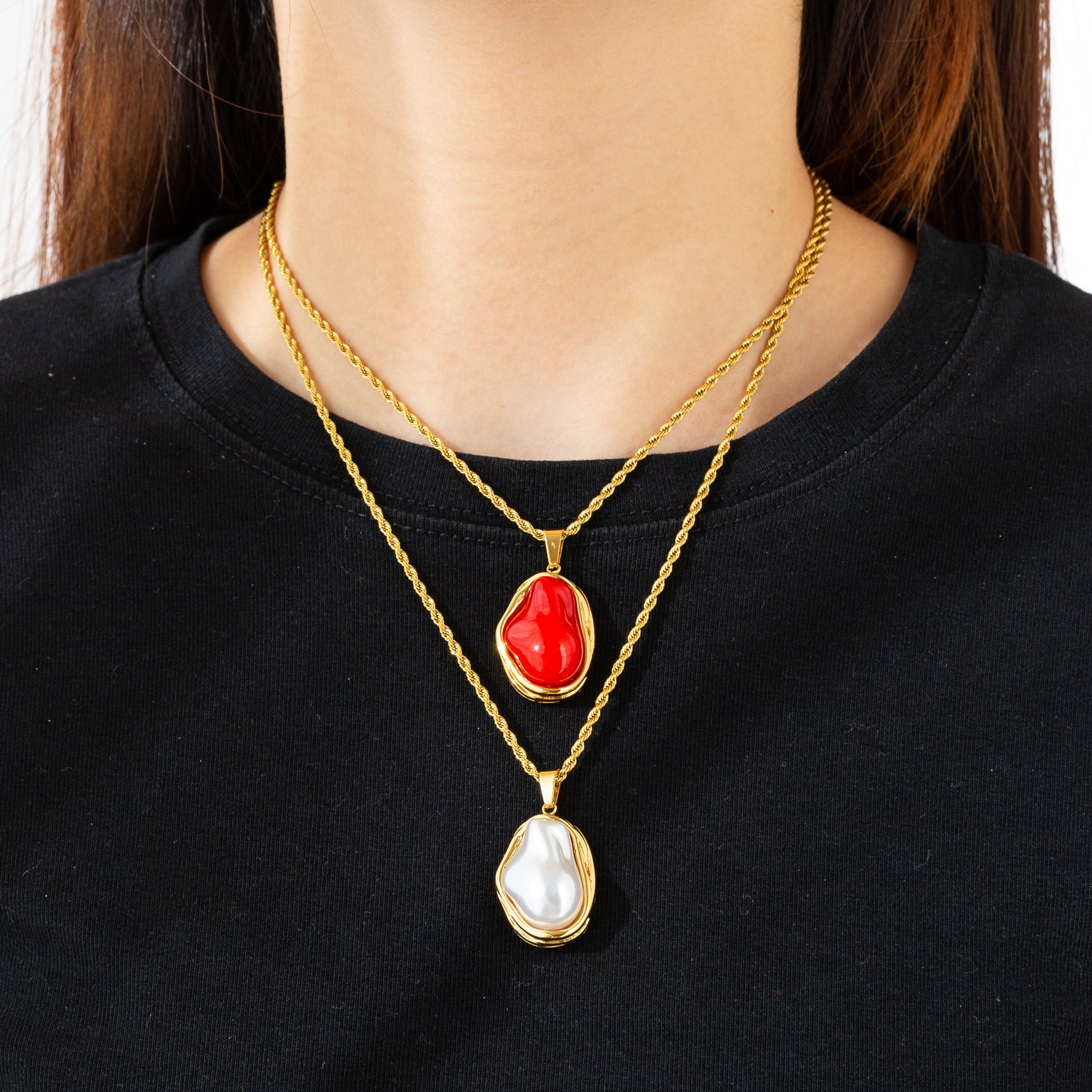 For Adults Irregular Pendant Necklace In 304 Stainless Steel With 18K Real Gold Plated And Imitation Pearl On Twisted Rope Chain