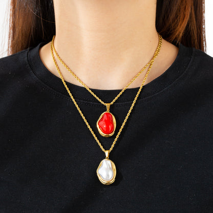 For Adults Irregular Pendant Necklace In 304 Stainless Steel With 18K Real Gold Plated And Imitation Pearl On Twisted Rope Chain