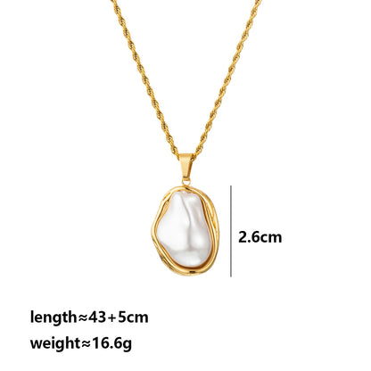 For Adults Irregular Pendant Necklace In 304 Stainless Steel With 18K Real Gold Plated And Imitation Pearl On Twisted Rope Chain