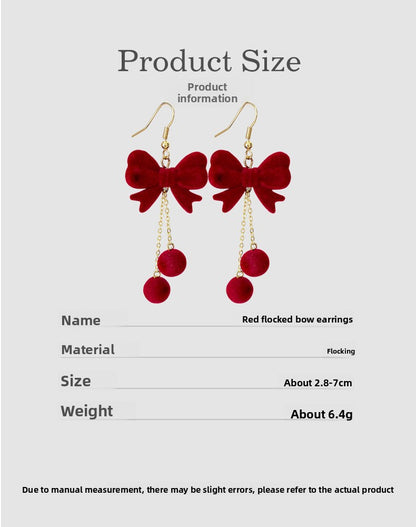 Red Flocking Bow Tie Ear Hook Earrings For New Year