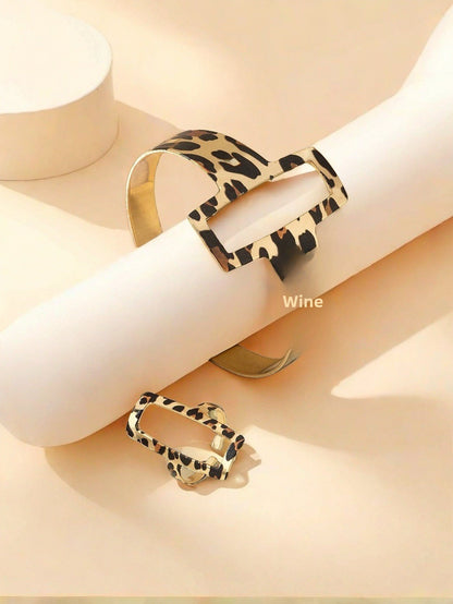 Geometric Metal Jewelry Set With Leopard Print Design