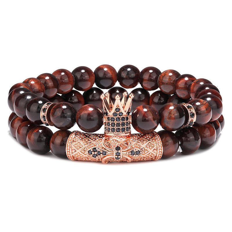 Crown Black Tiger Eye Bangle Bracelets For Men, 2 Pieces Set