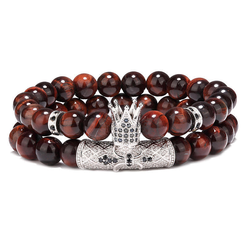 Crown Black Tiger Eye Bangle Bracelets For Men, 2 Pieces Set