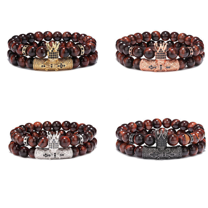 Crown Black Tiger Eye Bangle Bracelets For Men, 2 Pieces Set
