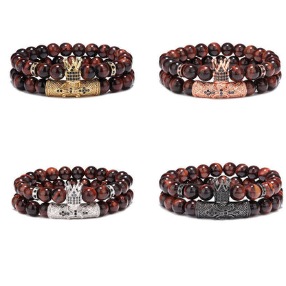 Crown Black Tiger Eye Bangle Bracelets For Men, 2 Pieces Set