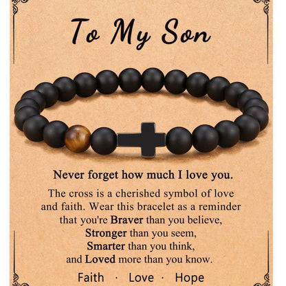 Men's Cross Bracelet In Black Tiger Eye Featuring Elegant Design
