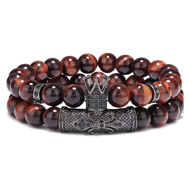 Crown Black Tiger Eye Bangle Bracelets For Men, 2 Pieces Set