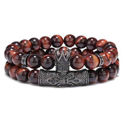 Crown Black Tiger Eye Bangle Bracelets For Men, 2 Pieces Set