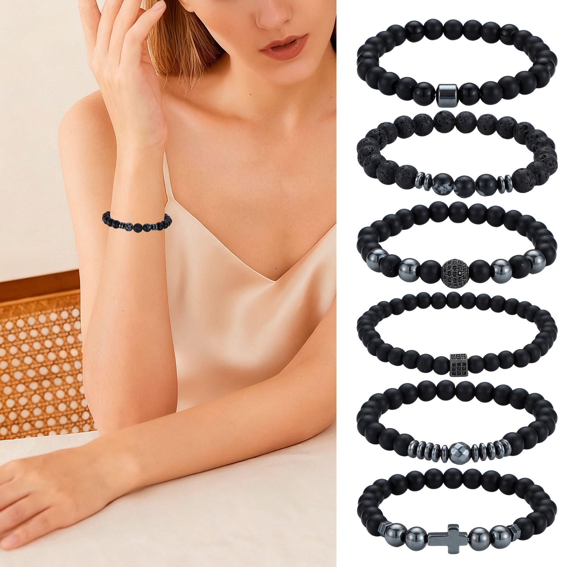Men's Black Beaded Bracelet Featuring Elegant Beading Craftsmanship