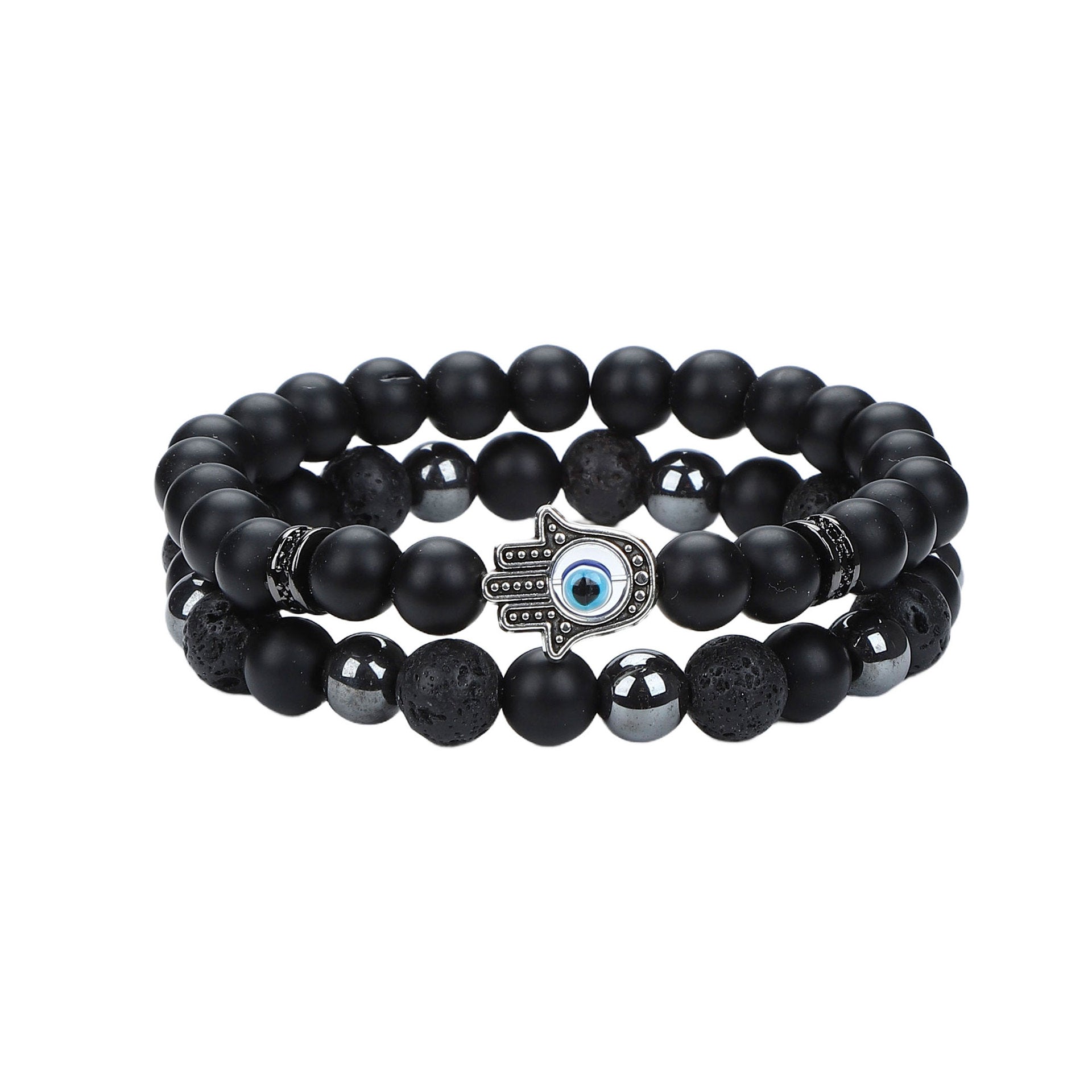Natural Stone Skull Bracelet For Men In Black, 1 Set