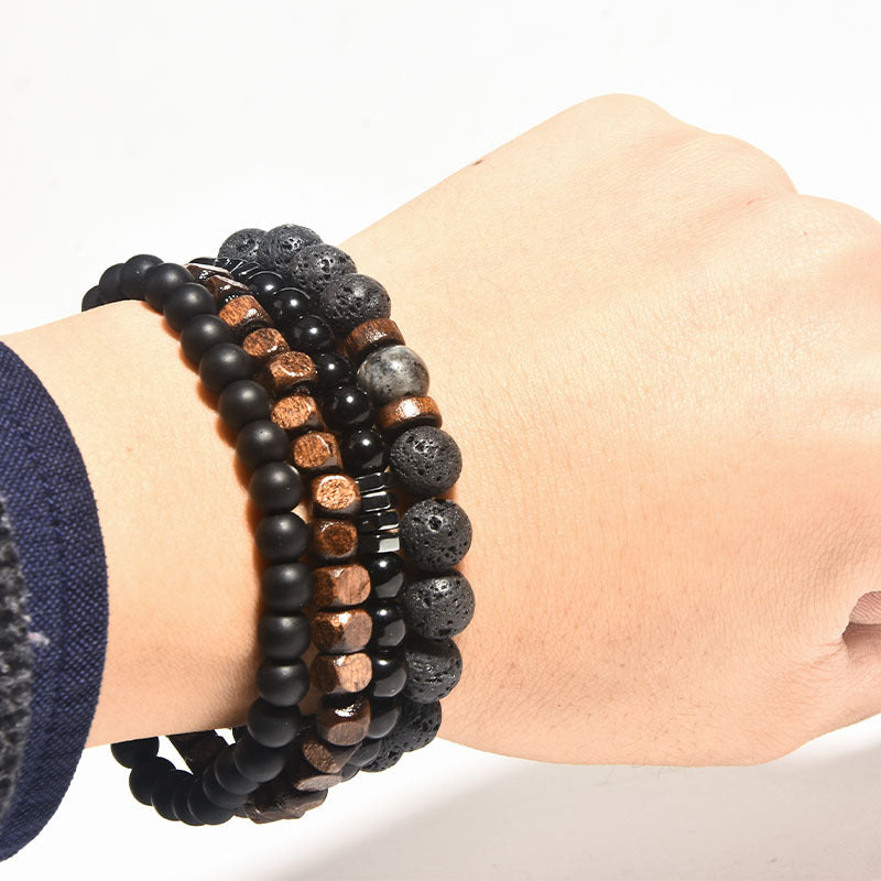 Ethnic Style Bracelets For Men And Women Featuring Wooden Beads In Black, Set Of 3 Pieces