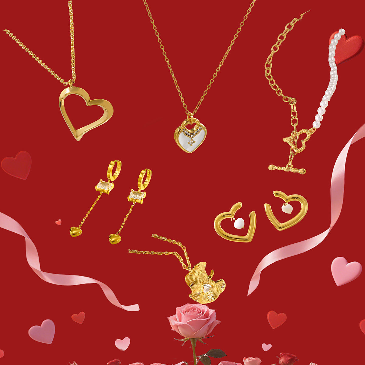 Heart Shape Jewelry Set For Valentine's Day Featuring 304 Stainless Steel With 18K Real Gold Plated And Zircon Inlay On Cable Chain