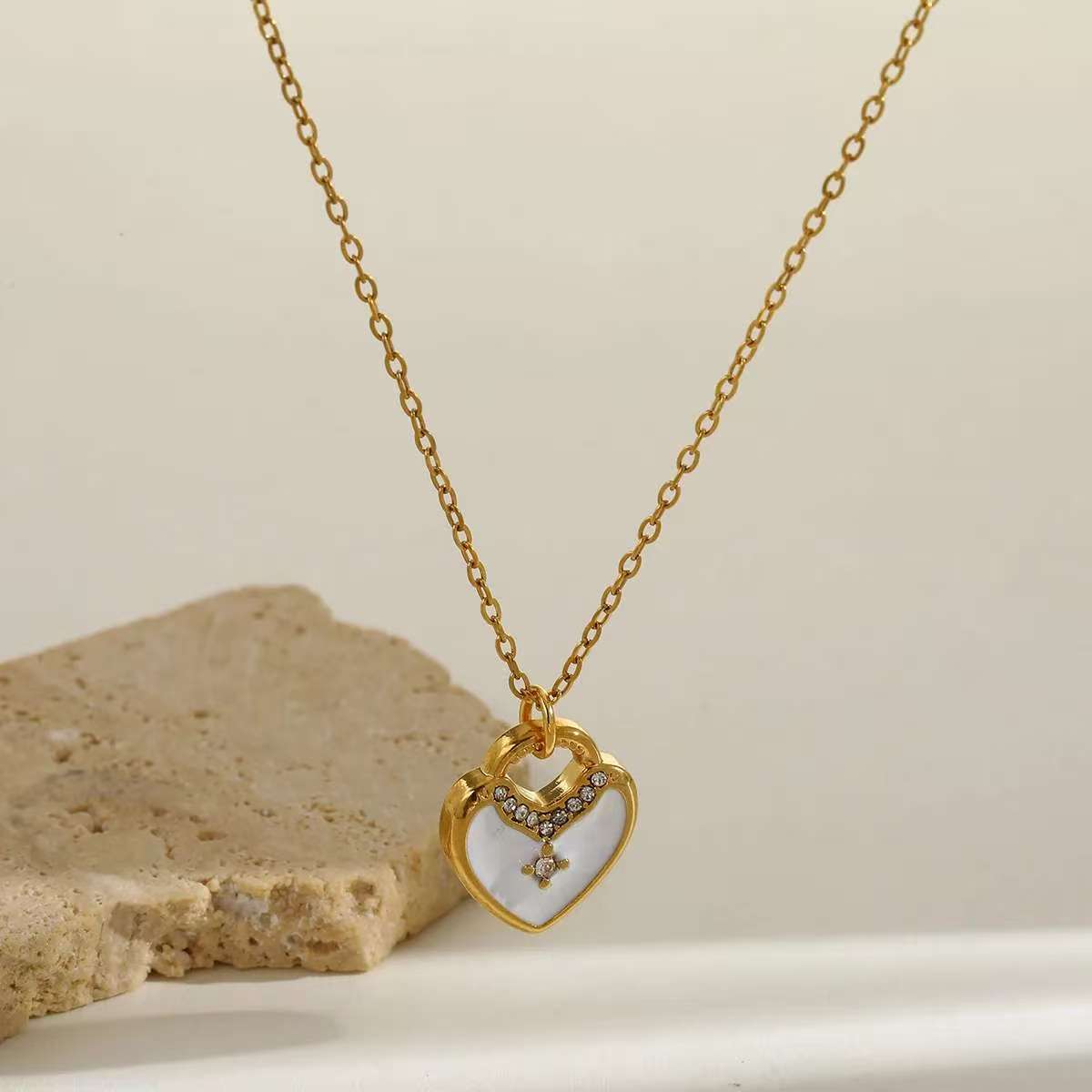 Heart Shape Jewelry Set For Valentine's Day Featuring 304 Stainless Steel With 18K Real Gold Plated And Zircon Inlay On Cable Chain