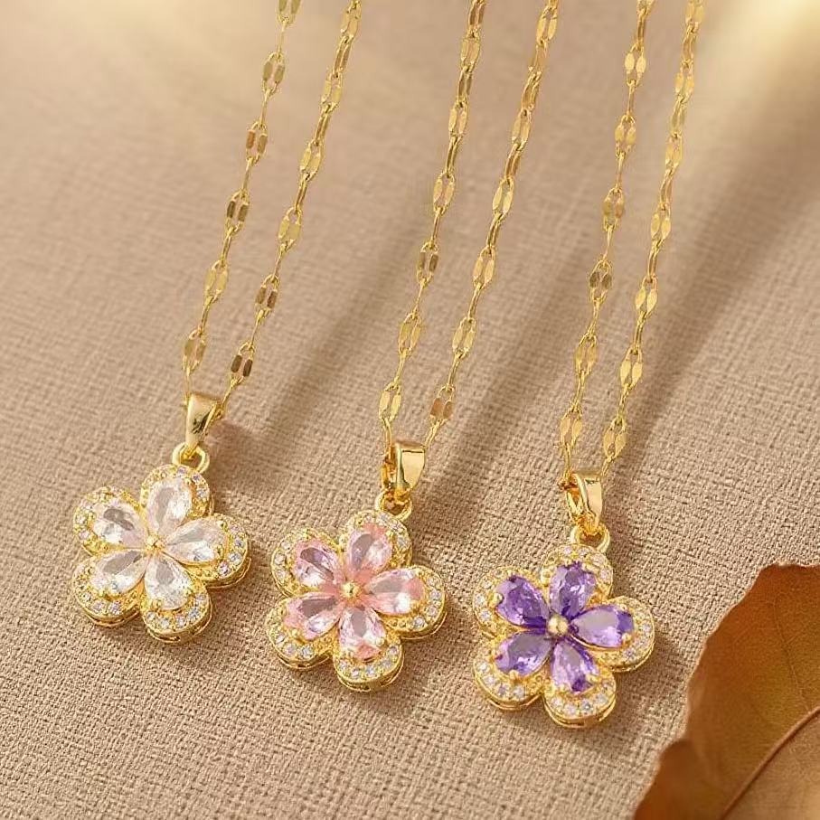 Flowers Necklace For Women Featuring Titanium Steel Pendant With Purple Cable Chain