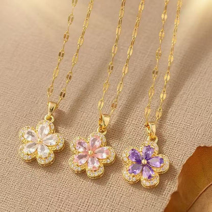 Flowers Necklace For Women Featuring Titanium Steel Pendant With Purple Cable Chain