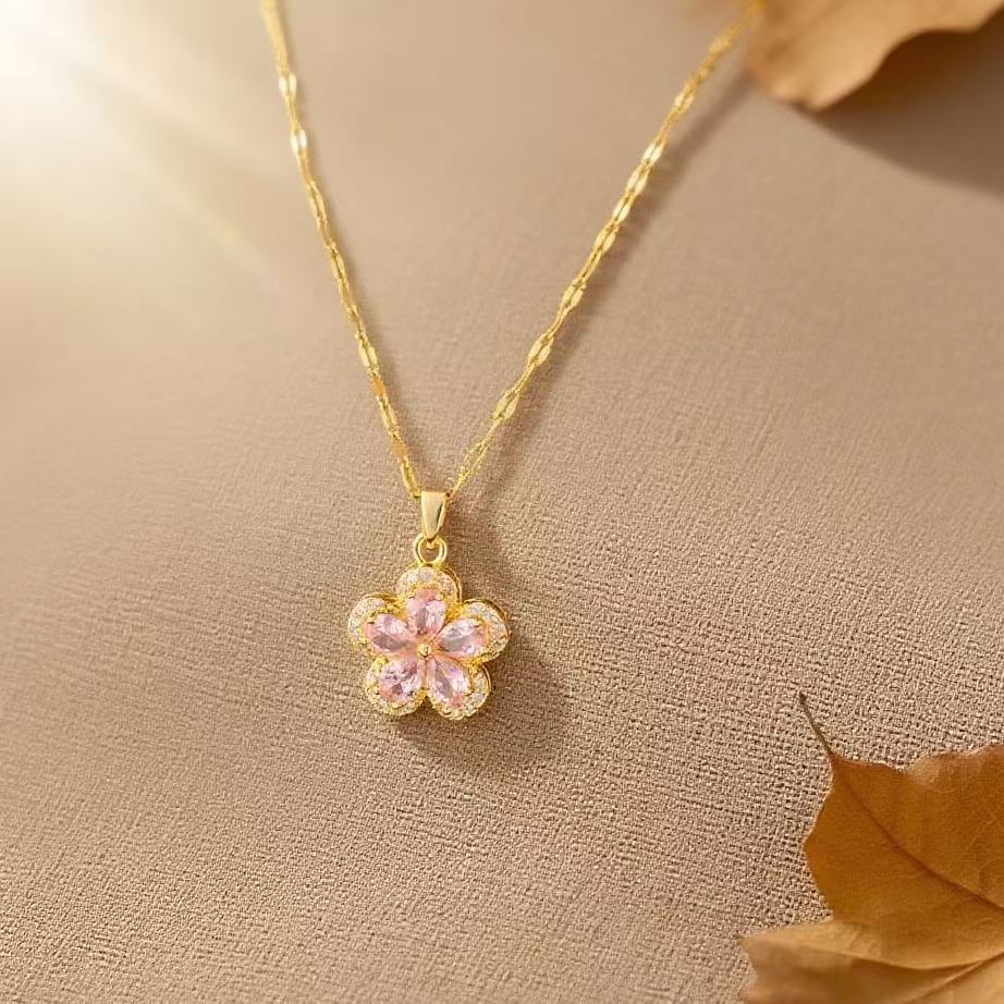 Flowers Necklace For Women Featuring Titanium Steel Pendant With Purple Cable Chain