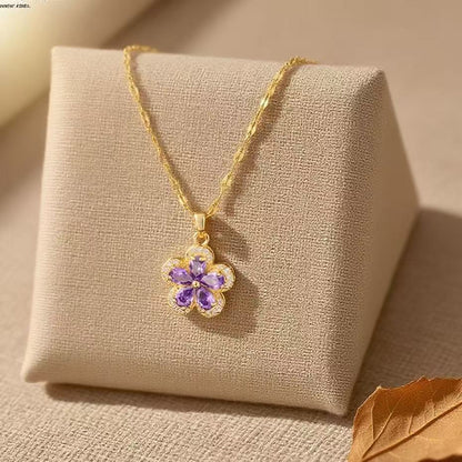 Flowers Necklace For Women Featuring Titanium Steel Pendant With Purple Cable Chain