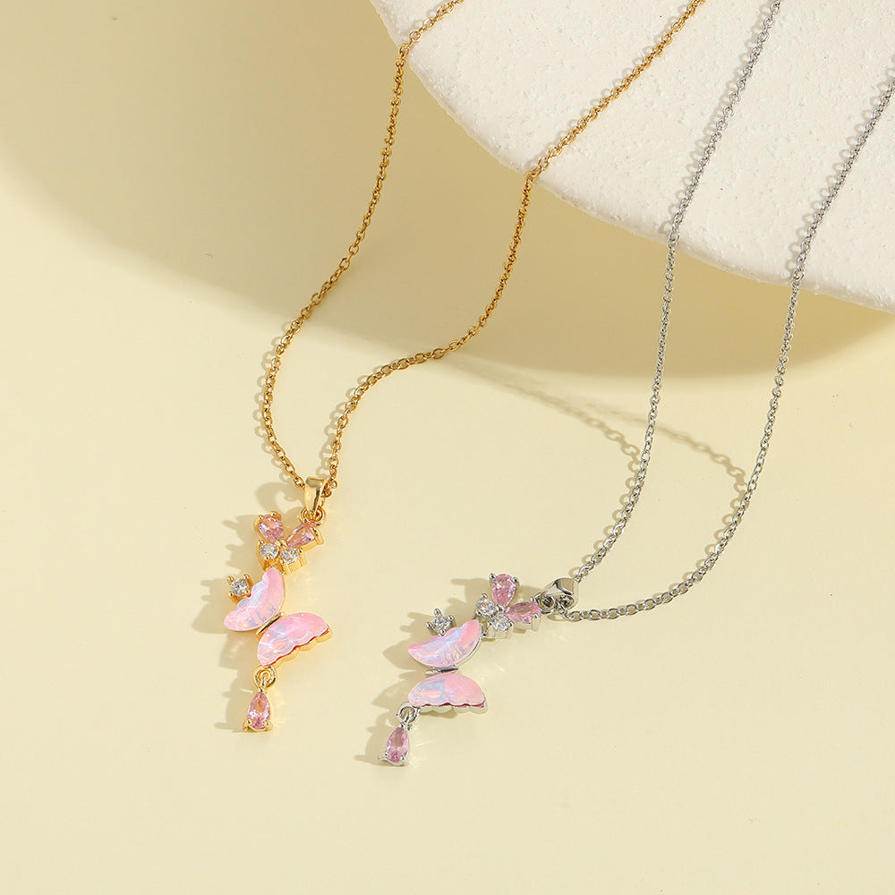 Butterfly Necklace For Women In Golden Titanium Steel Featuring Zircon Inlay