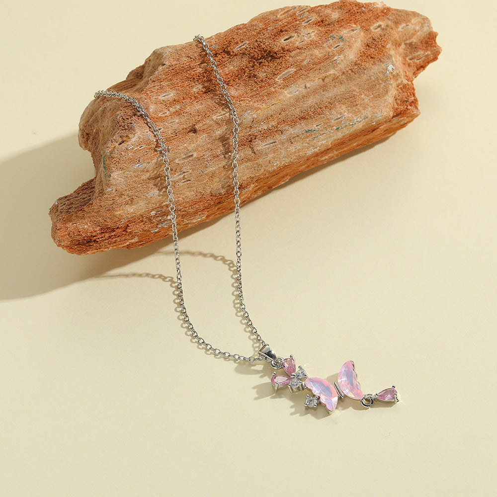 Butterfly Necklace For Women In Golden Titanium Steel Featuring Zircon Inlay