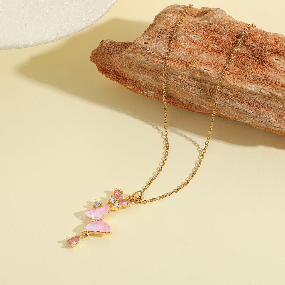 Butterfly Necklace For Women In Golden Titanium Steel Featuring Zircon Inlay
