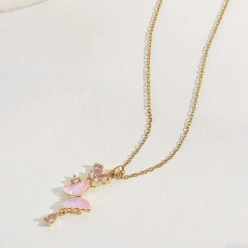 Butterfly Necklace For Women In Golden Titanium Steel Featuring Zircon Inlay