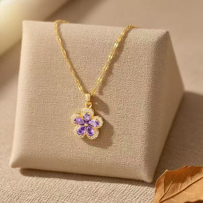 Flowers Necklace For Women Featuring Titanium Steel Pendant With Purple Cable Chain