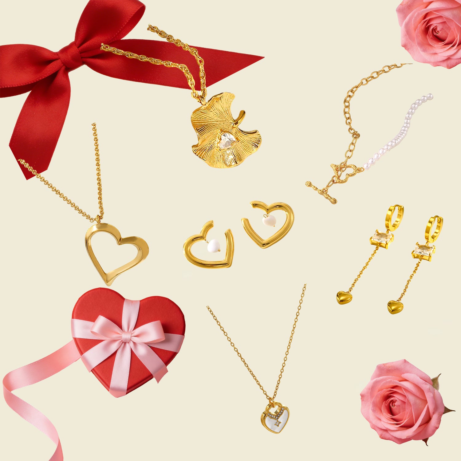 Heart Shape Jewelry Set For Valentine's Day Featuring 304 Stainless Steel With 18K Real Gold Plated And Zircon Inlay On Cable Chain