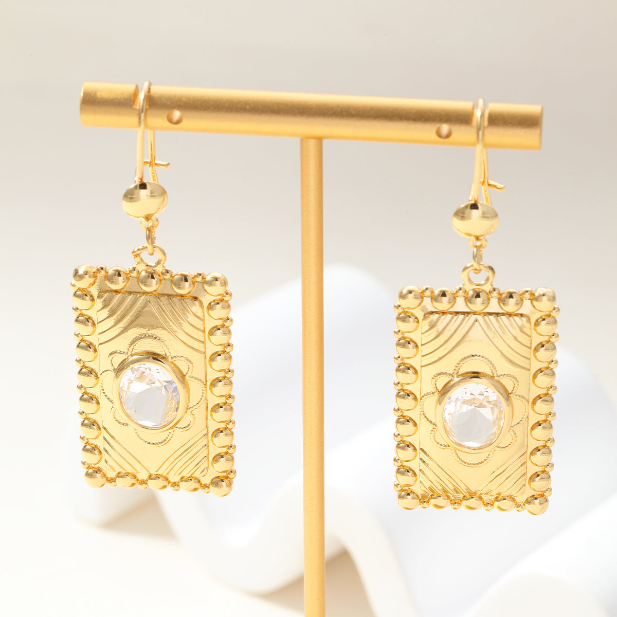 Square Hypoallergenic Earrings For Women In Golden Plated Copper With Zircon Inlay
