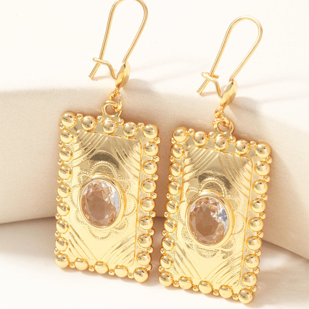 Square Hypoallergenic Earrings For Women In Golden Plated Copper With Zircon Inlay