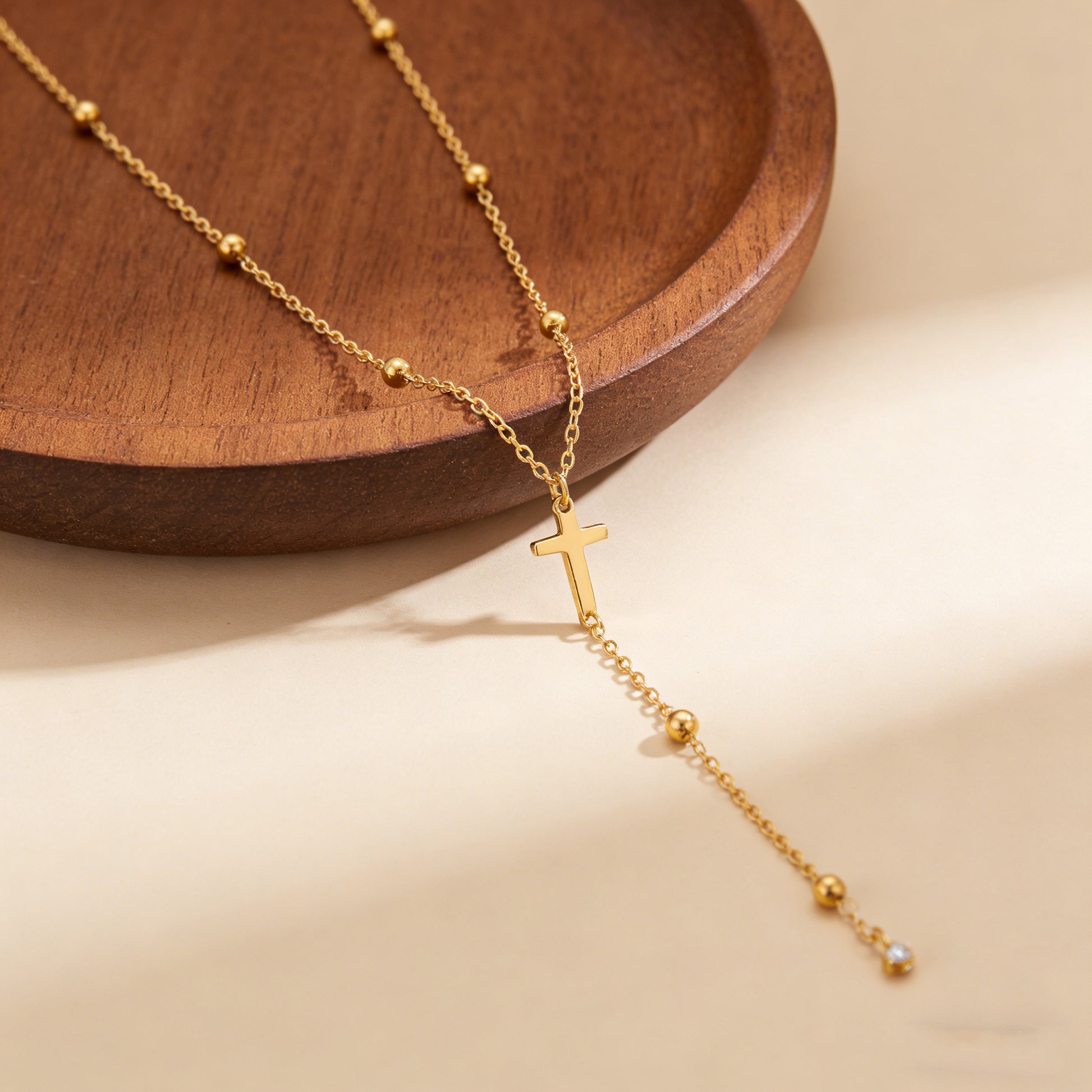For Women Y-Necklace Lariat Necklace Featuring Cross Pendant In 18K Real Gold Plated 304 Stainless Steel With Zircon On Beaded Chain