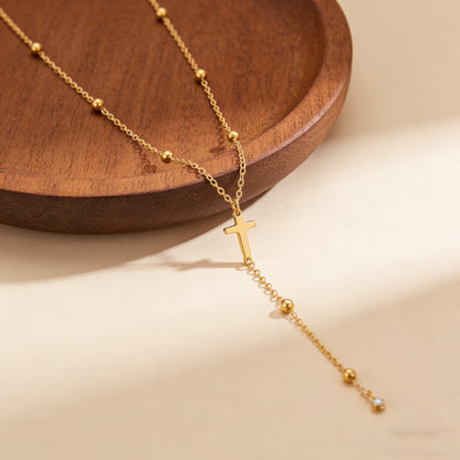 For Women Y-Necklace Lariat Necklace Featuring Cross Pendant In 18K Real Gold Plated 304 Stainless Steel With Zircon On Beaded Chain