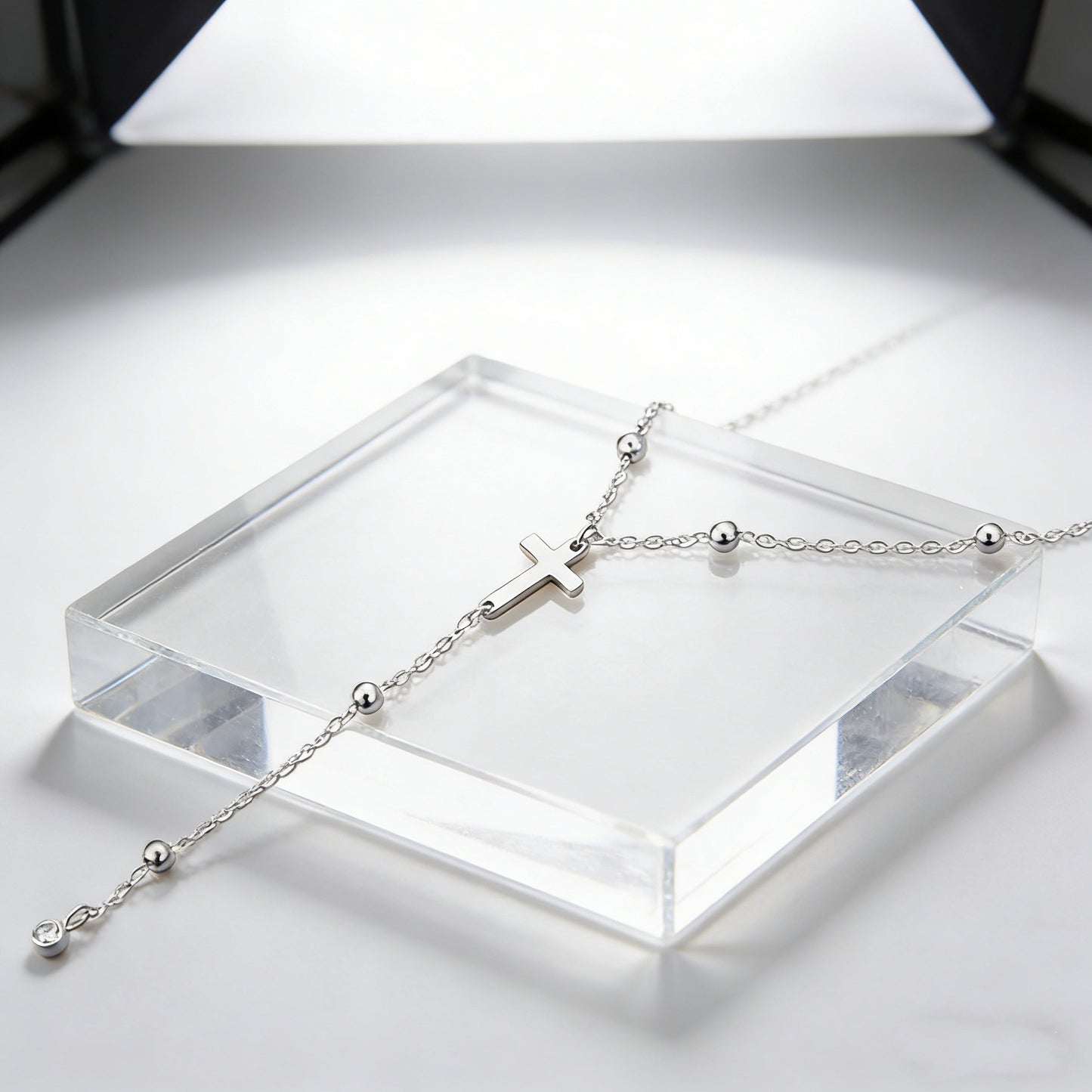 For Women Y-Necklace Lariat Necklace Featuring Cross Pendant In 18K Real Gold Plated 304 Stainless Steel With Zircon On Beaded Chain