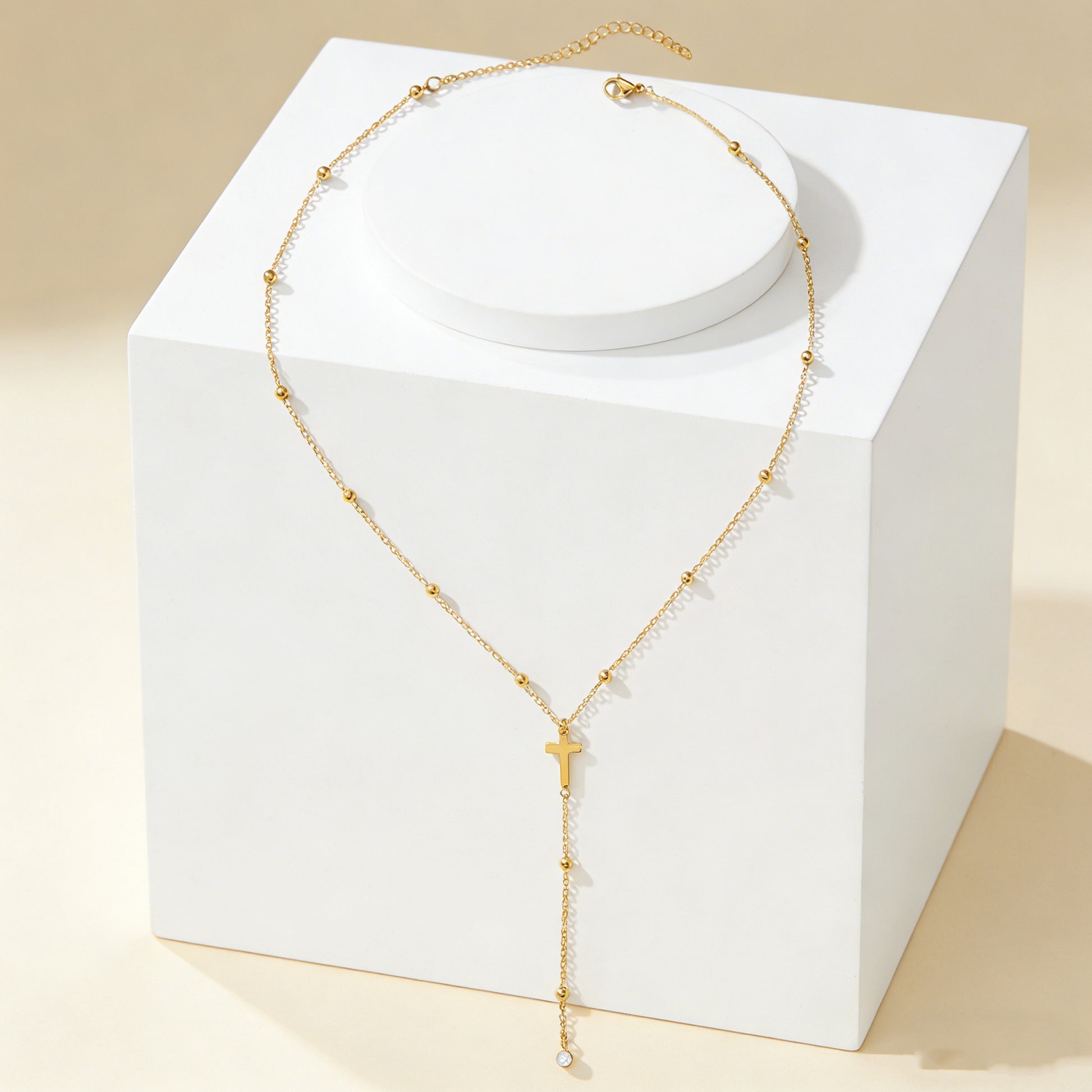 For Women Y-Necklace Lariat Necklace Featuring Cross Pendant In 18K Real Gold Plated 304 Stainless Steel With Zircon On Beaded Chain
