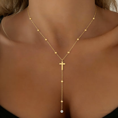 For Women Y-Necklace Lariat Necklace Featuring Cross Pendant In 18K Real Gold Plated 304 Stainless Steel With Zircon On Beaded Chain