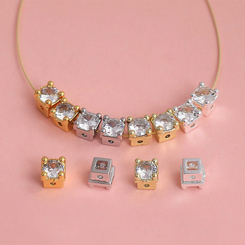 18K Real Gold Plated Copper Spacer Bars With Zircon Inlay, Electroplated, Hole Size 4~4.9mm, Love Charms Jewelry Accessories