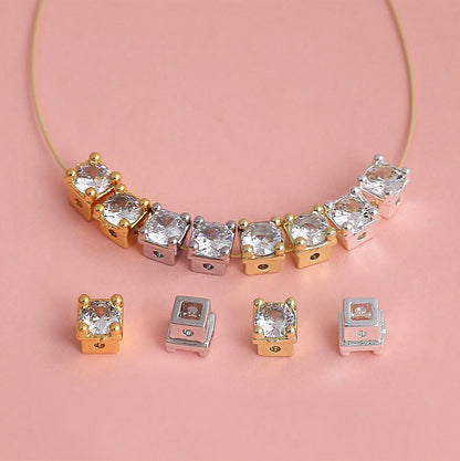 18K Real Gold Plated Copper Spacer Bars With Zircon Inlay, Electroplated, Hole Size 4~4.9mm, Love Charms Jewelry Accessories