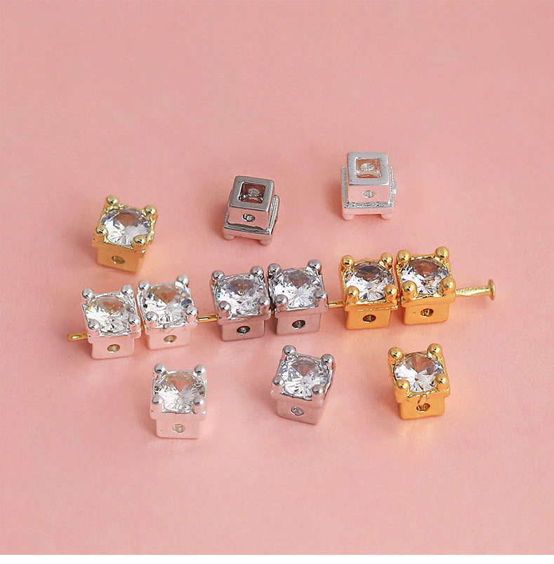 18K Real Gold Plated Copper Spacer Bars With Zircon Inlay, Electroplated, Hole Size 4~4.9mm, Love Charms Jewelry Accessories