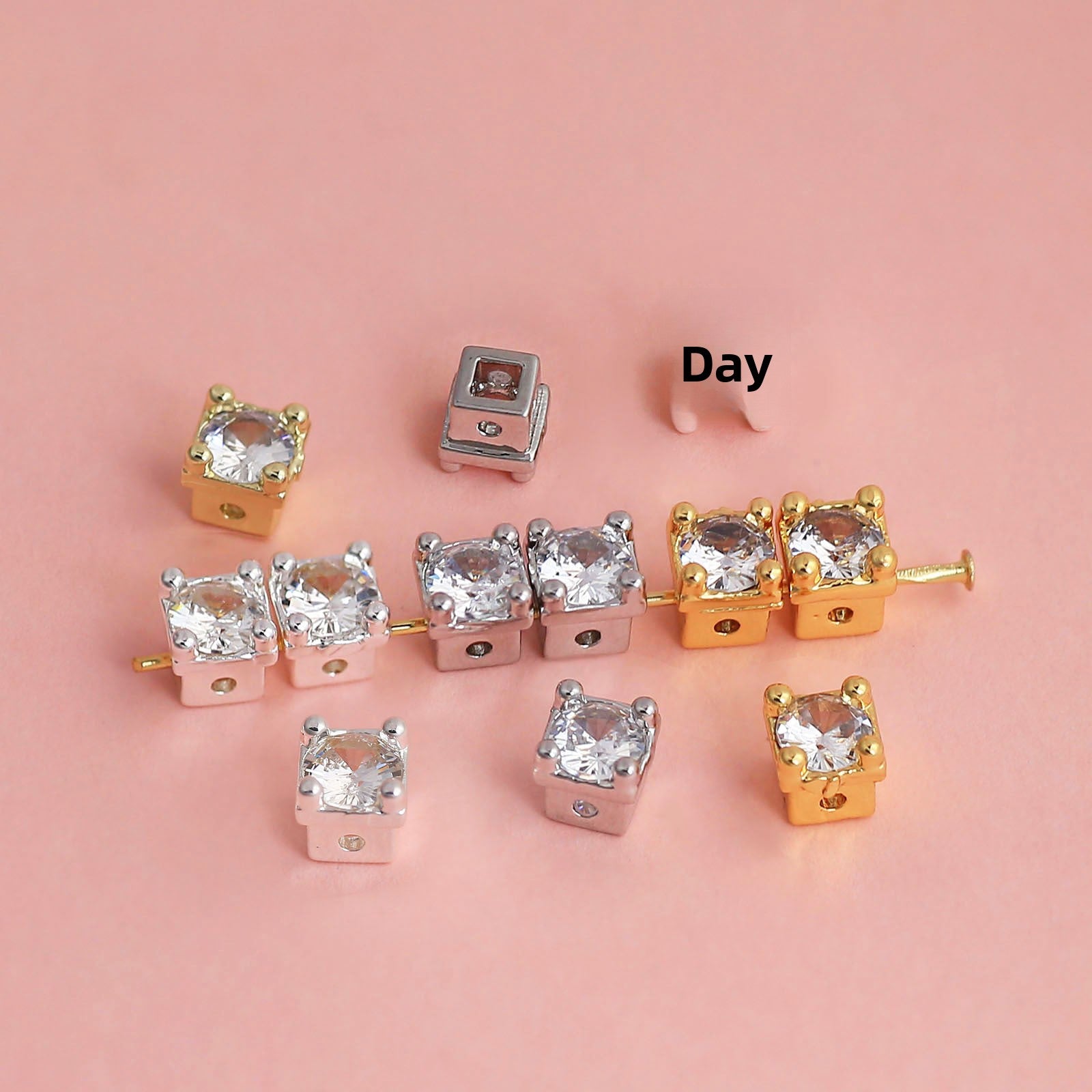 18K Real Gold Plated Copper Spacer Bars With Zircon Inlay, Electroplated, Hole Size 4~4.9mm, Love Charms Jewelry Accessories