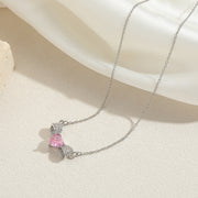 A8328 Bowknot Pink Diamond Necklace - Silver