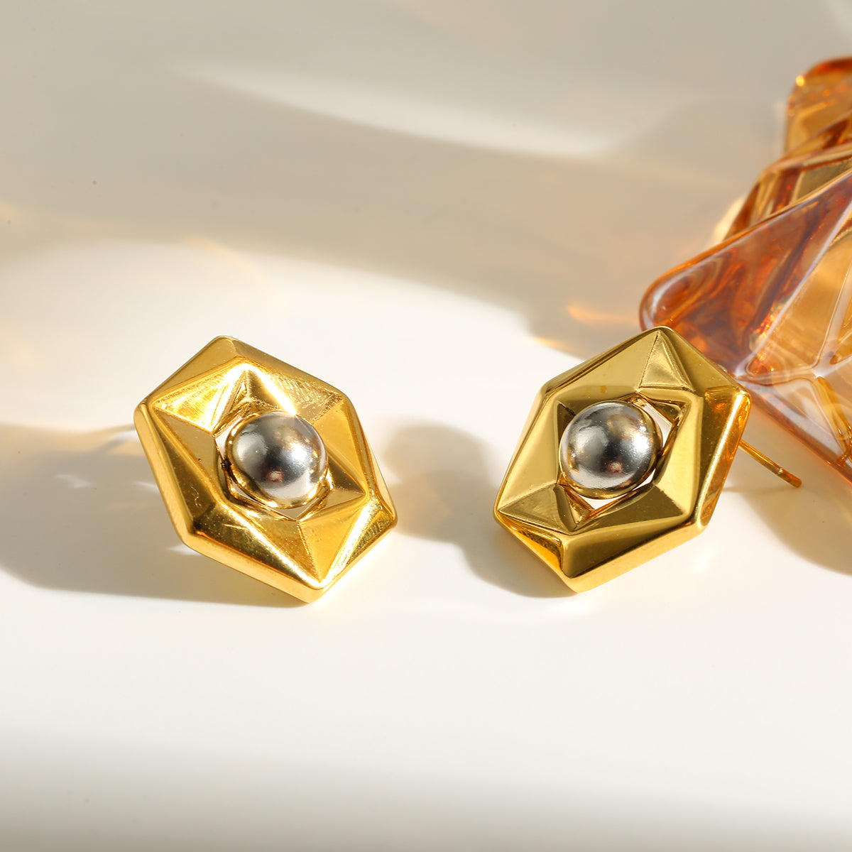 Hexagon Two Tone Earrings For Women Made Of 304 Stainless Steel With 18K Real Gold Plated Finish, Perfect For New Year