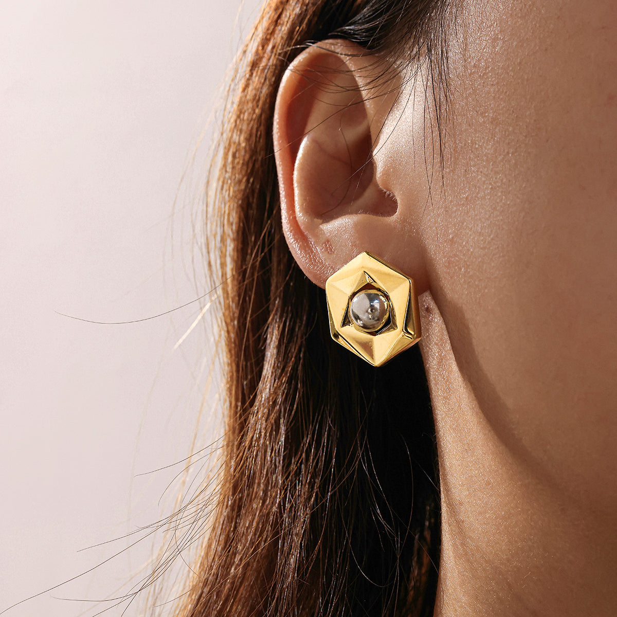 Hexagon Two Tone Earrings For Women Made Of 304 Stainless Steel With 18K Real Gold Plated Finish, Perfect For New Year