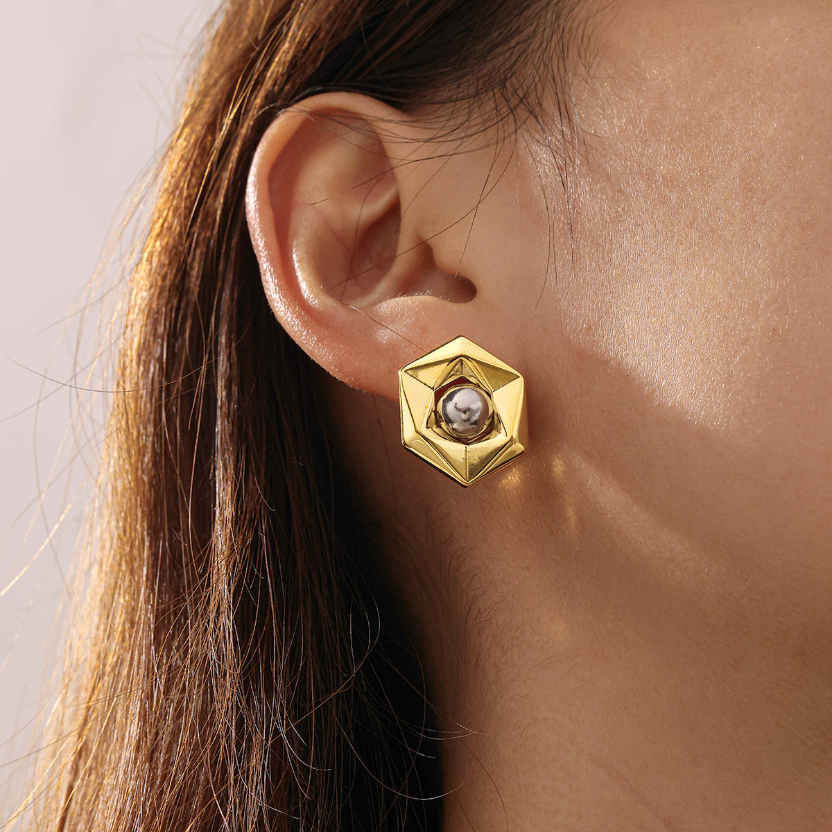 Hexagon Two Tone Earrings For Women Made Of 304 Stainless Steel With 18K Real Gold Plated Finish, Perfect For New Year
