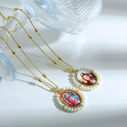 Polished Portrait Pendant Necklace For Women In Copper With 18K Real Gold Plated Finish And Beaded Chain